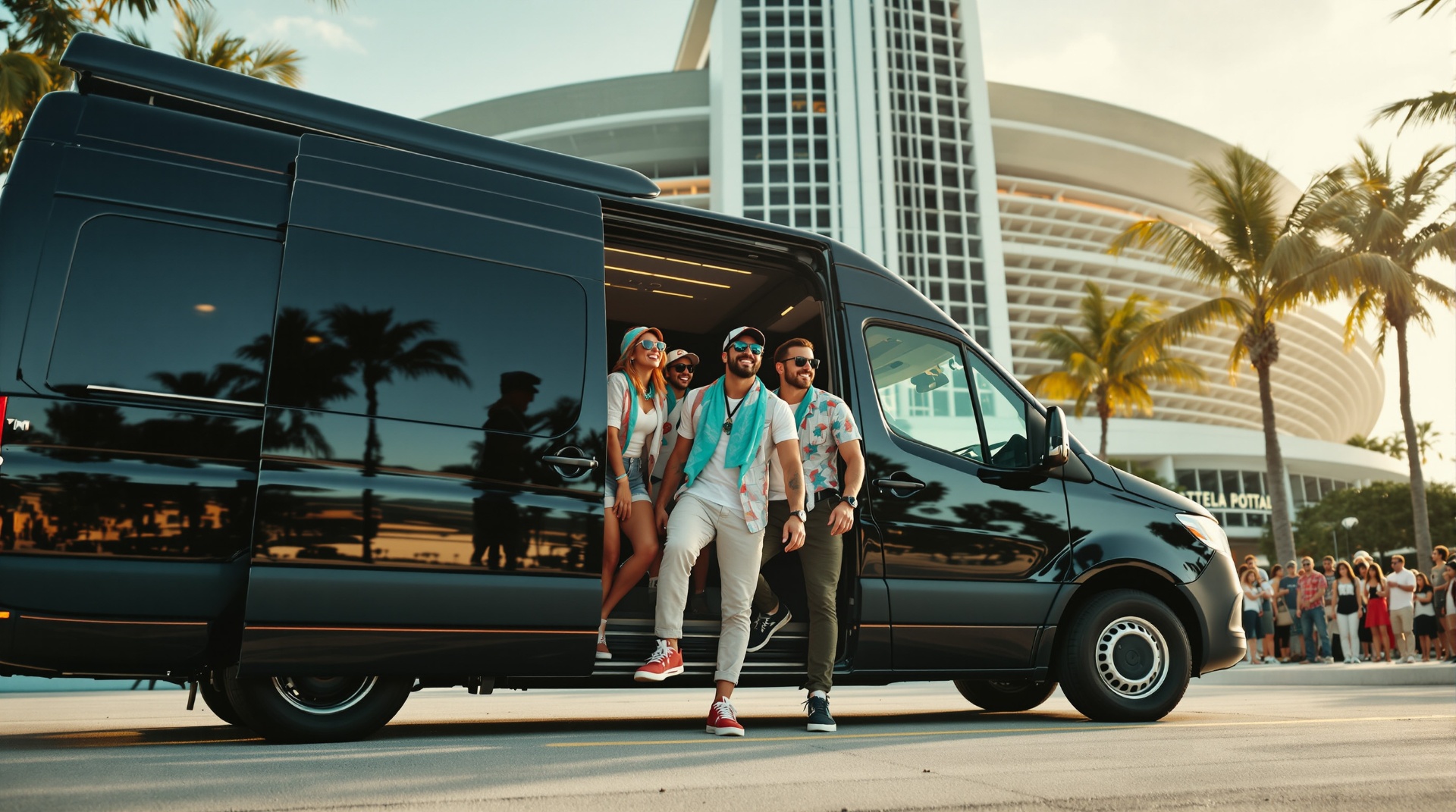 Group of football fans stepping out of a black Mercedes Sprinter van outside a modern stadium on game day.