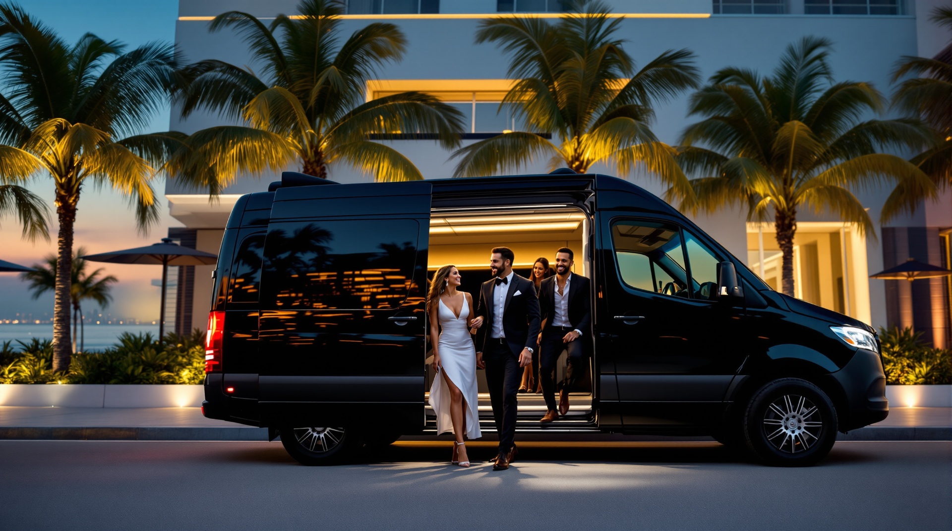 Stylishly dressed group stepping out of a black Mercedes Sprinter van at an upscale Miami rooftop venue at dusk.